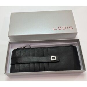 Lodis Card Case Wallet Womens OS Black Pebbled Leather Slim Zip ID Window